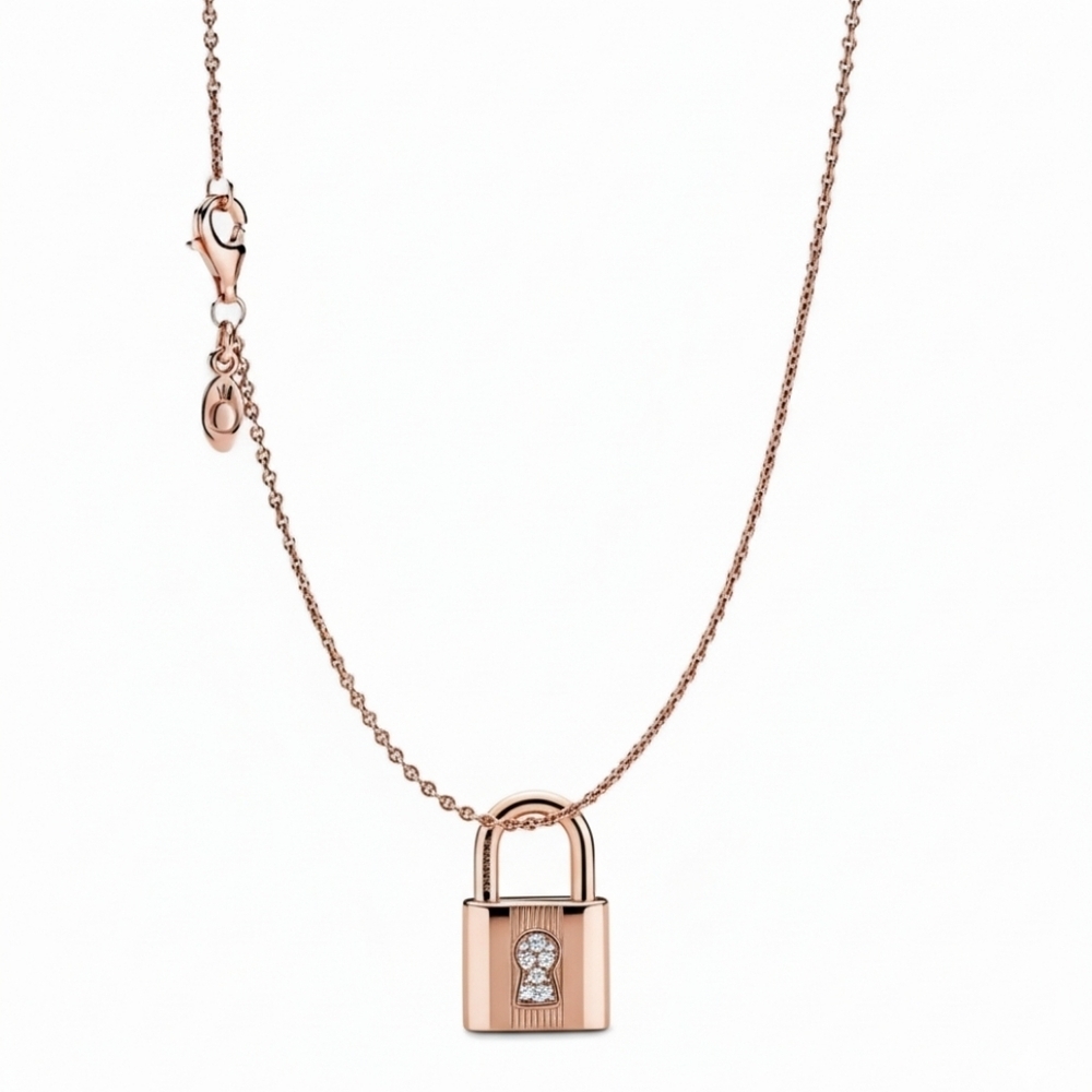 Pandora Rose Gold  Necklace And Padlock Charm